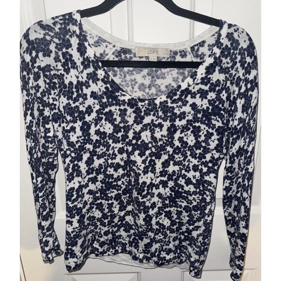 LOFT Linen Blend Floral Sweater V-Neck Long Sleeve Lightweight Black White SMALL - Picture 1 of 5
